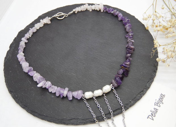 Colier handmade unicat - ametist, cuart si perle cultura (cod1219)