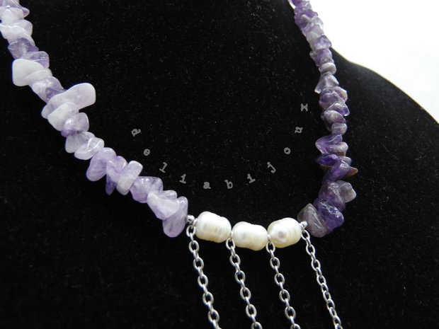 Colier handmade unicat - ametist, cuart si perle cultura (cod1219)