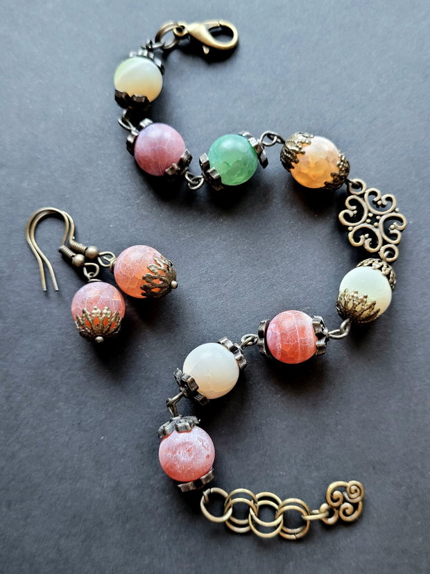 Set brățară & cercei cu agate frosted și bronz