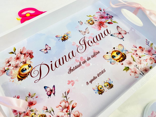 Set aniversar personalizat 1 anisor - Spring Bees & Butterflies - Tavita turta si accesorii