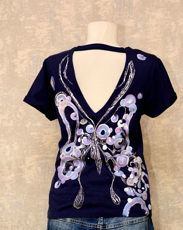 Tricou bleumarin, pictat manual, unicat