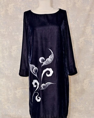 Rochie de catifea bleumarin, pictata, unicat
