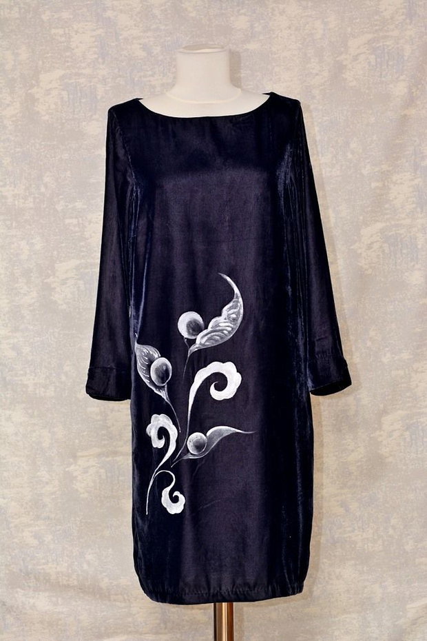 Rochie de catifea bleumarin, pictata, unicat