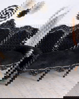 Sofa Rococo din lemn masiv negru cu tapiterie din catifea