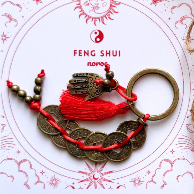 Mini set Feng Shui cu monede chinezesti, hamsa, palo santo si cristale - noroc