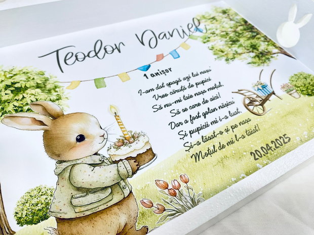Set aniversar personalizat 1 anisor - Happy birthday bunny- Tavita mot si accesorii