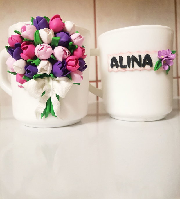 Cana personalizata cu lalele din fimo