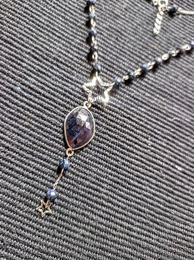 Colier argint safir albastru conector stele lant argint minimalist boho chic trendy - Transport gratuit