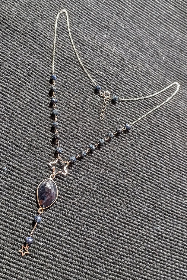 Colier argint safir albastru conector stele lant argint minimalist boho chic trendy - Transport gratuit