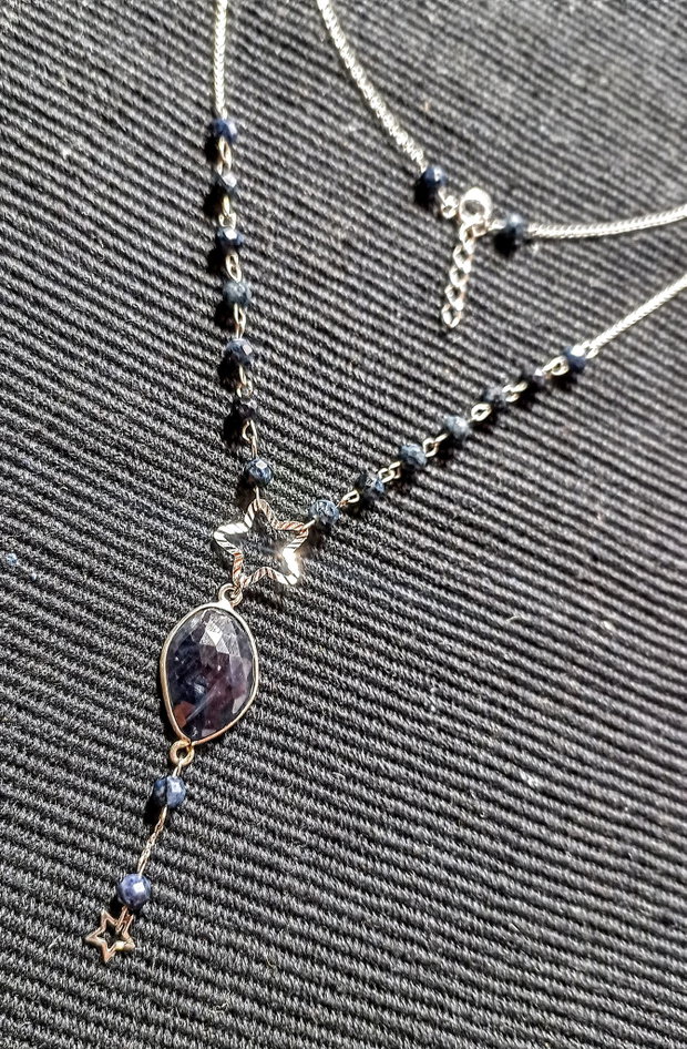 Colier argint safir albastru conector stele lant argint minimalist boho chic trendy - Transport gratuit