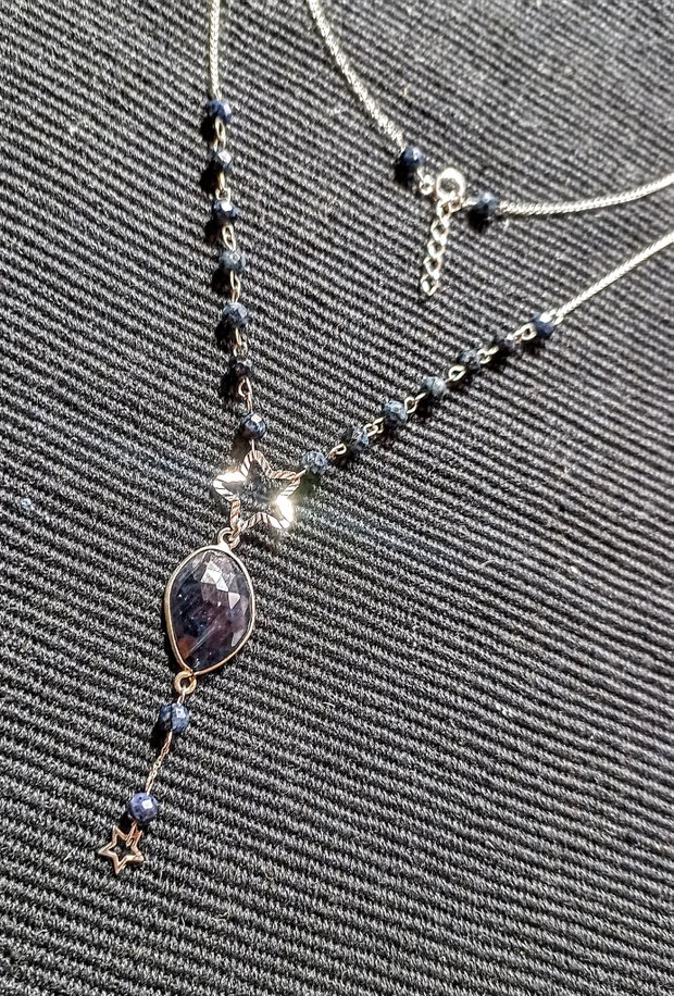 Colier argint safir albastru conector stele lant argint minimalist boho chic trendy - Transport gratuit
