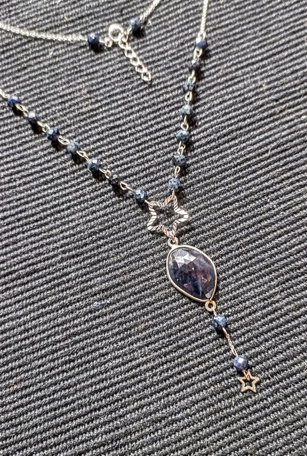 Colier argint safir albastru conector stele lant argint minimalist boho chic trendy - Transport gratuit