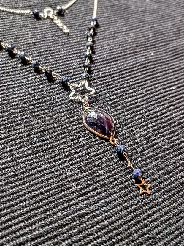 Colier argint safir albastru conector stele lant argint minimalist boho chic trendy - Transport gratuit