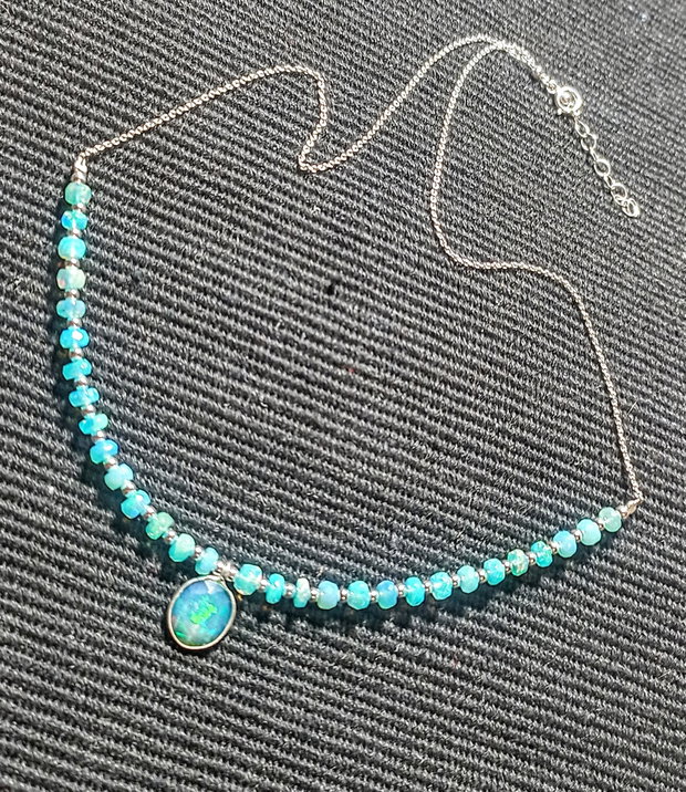 Colier argint opal de foc albastru Paraiba charm lant argint fatetat minimalist boho chic trendy - Transport gratuit