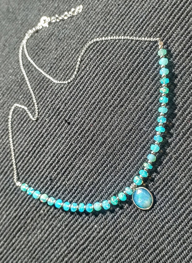 Colier argint opal de foc albastru Paraiba charm lant argint fatetat minimalist boho chic trendy - Transport gratuit
