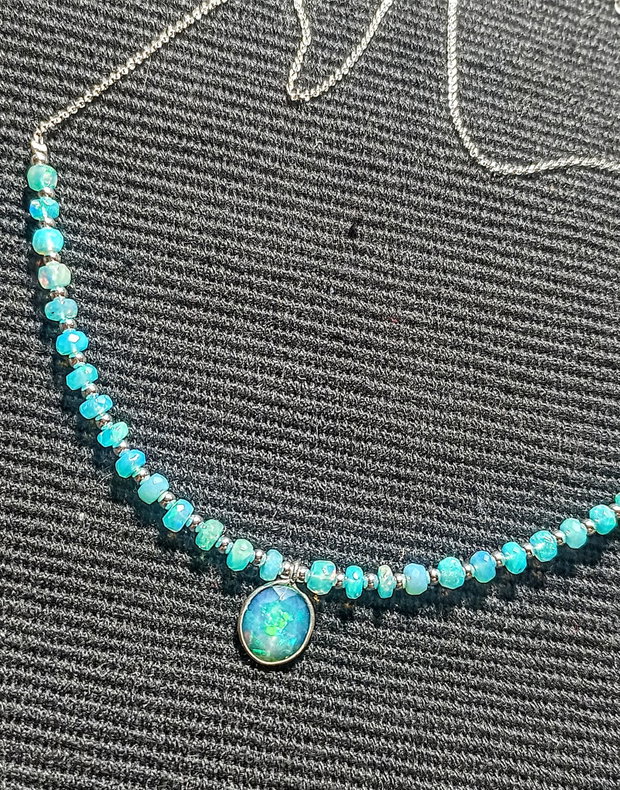 Colier argint opal de foc albastru Paraiba charm lant argint fatetat minimalist boho chic trendy - Transport gratuit