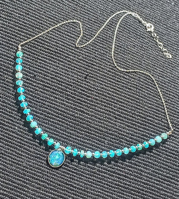 Colier argint opal de foc albastru Paraiba charm lant argint fatetat minimalist boho chic trendy - Transport gratuit