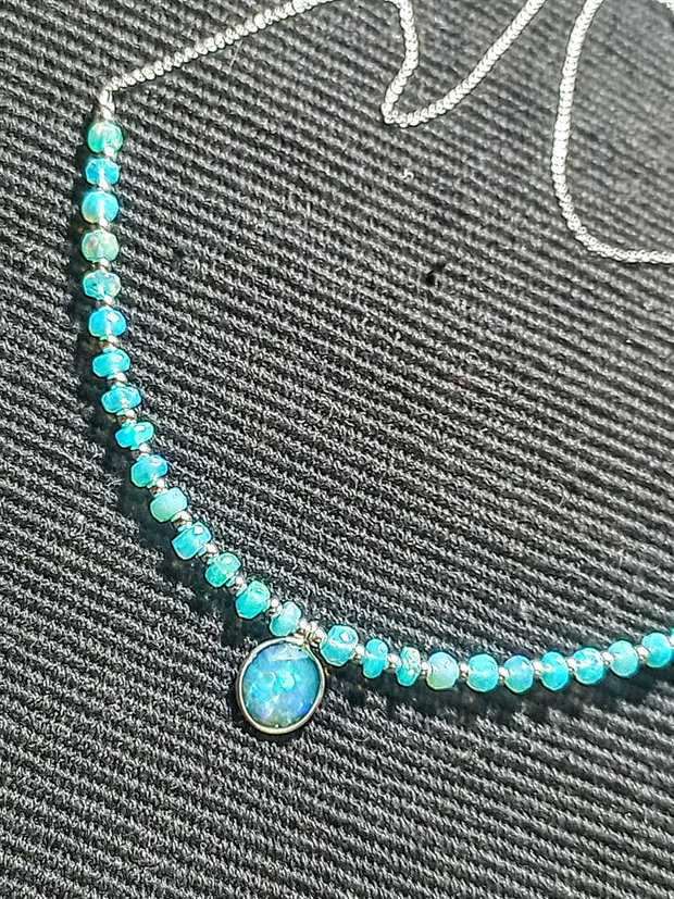 Colier argint opal de foc albastru Paraiba charm lant argint fatetat minimalist boho chic trendy - Transport gratuit