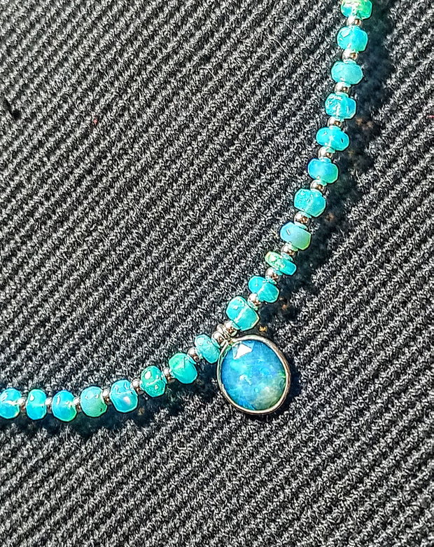 Colier argint opal de foc albastru Paraiba charm lant argint fatetat minimalist boho chic trendy - Transport gratuit