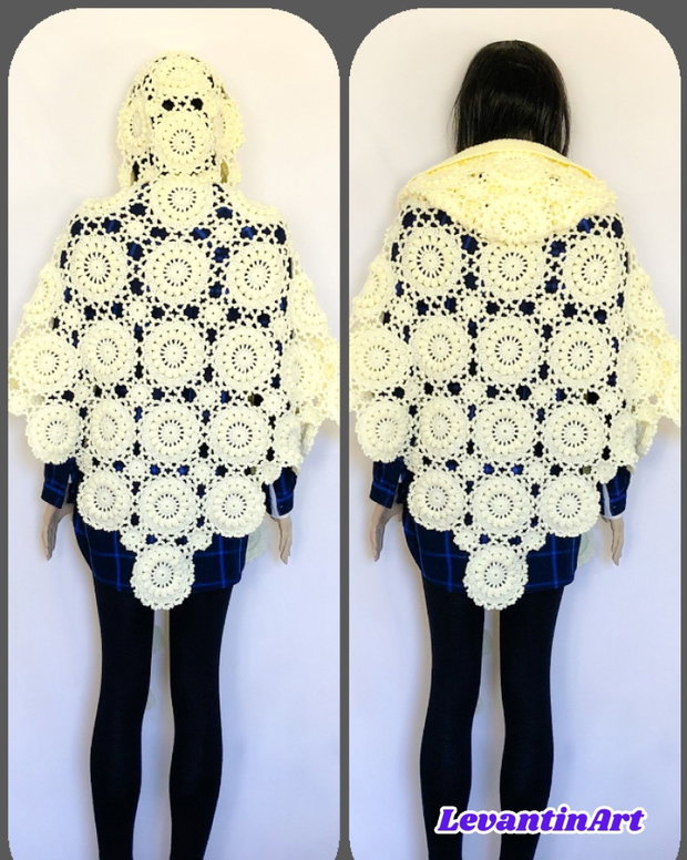 Pelerină croșetată manual cu glugă, stil boho elegant (tip poncho/capă), ivoire - UNICAT