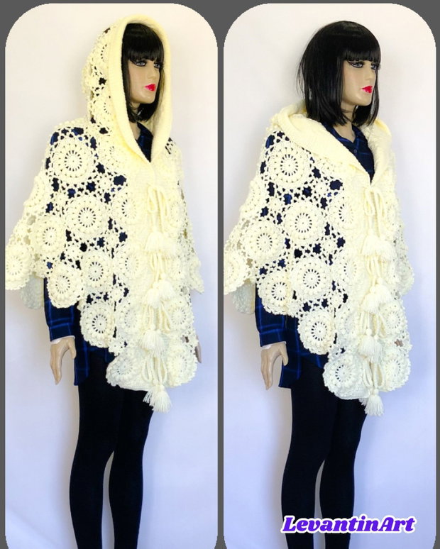 Pelerină croșetată manual cu glugă, stil boho elegant (tip poncho/capă), ivoire - UNICAT