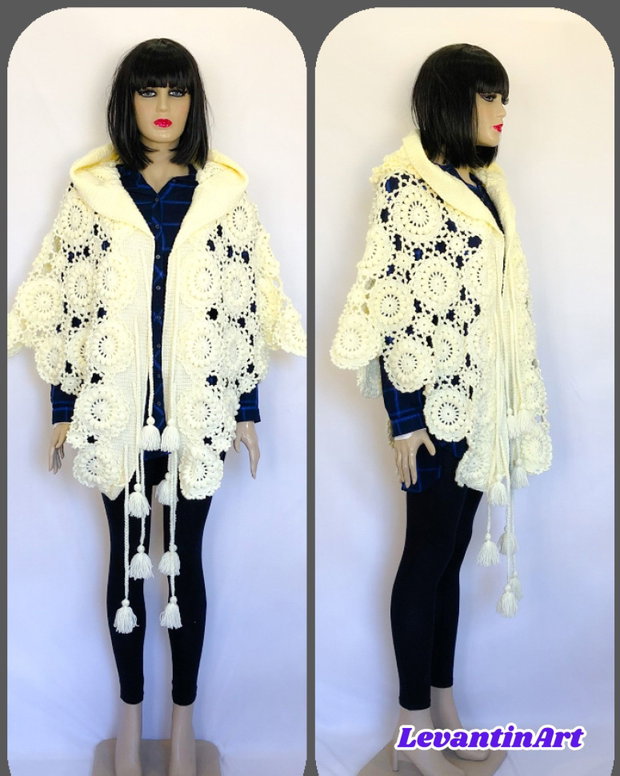 Pelerină croșetată manual cu glugă, stil boho elegant (tip poncho/capă), ivoire - UNICAT