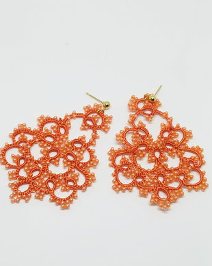 Cercei dantela portocalie, cercei portocalii din dantela lucrata cu suveicuta in tehnica frivolite, cercei handmade, bijuterii crosetate