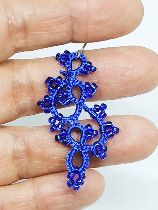 Cercei albaștri din dantela frivolite, cercei lucrati cu suveicuta, bijuterii dantela tatting