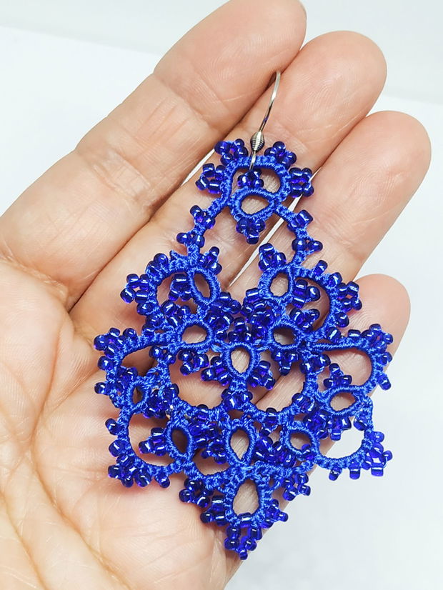 Cercei albaștri din dantela frivolite, cercei lucrati cu suveicuta, bijuterii dantela tatting
