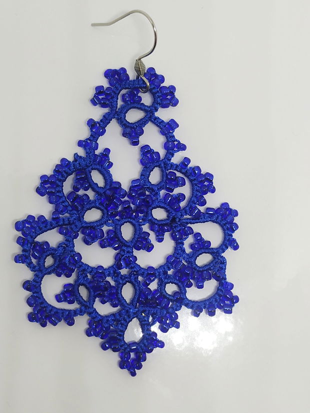 Cercei albaștri din dantela frivolite, cercei lucrati cu suveicuta, bijuterii dantela tatting