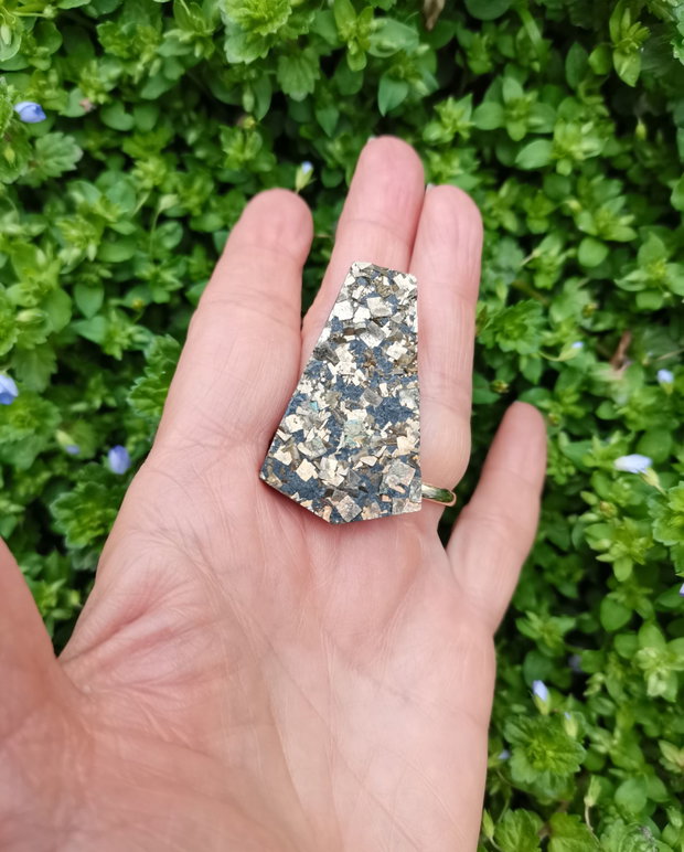 Inel Pirita druzy si Argint 925 - IN1471 - Inel auriu vintage, inel statement, bijuterii pirita, inel pietre semipretioase, cadou romantic elegant, cristaloterapie