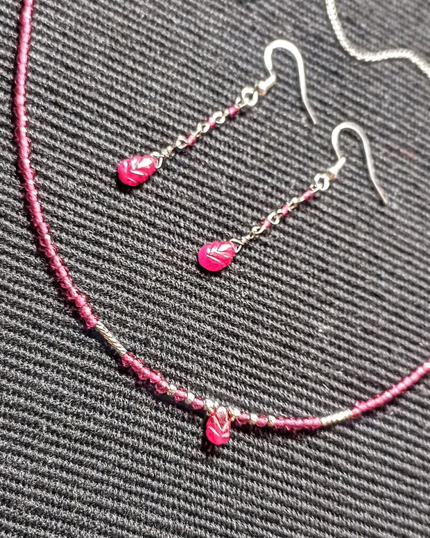 Set argint rubin rubelit turmalina roz briolete gravate colier cercei lant argint minimalist boho chic trendy - Transport gratuit