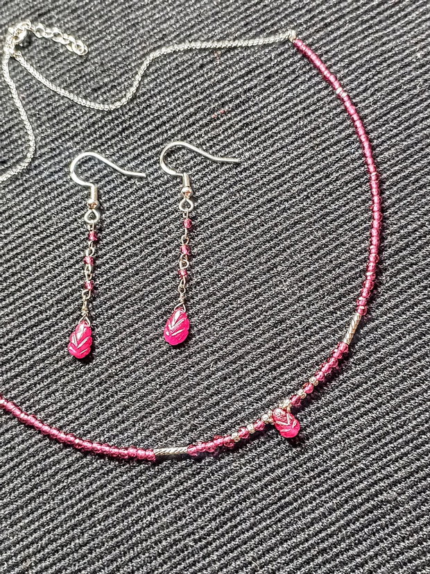 Set argint rubin rubelit turmalina roz briolete gravate colier cercei lant argint minimalist boho chic trendy - Transport gratuit