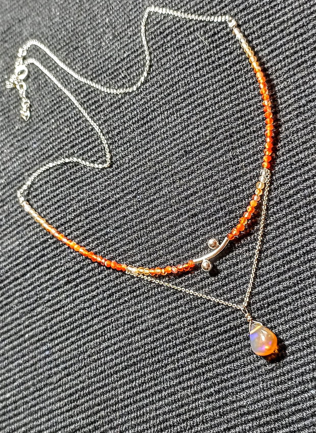Colier argint opal de foc etiopian carneol ombre degrade tub decorativ lant argint minimalist boho chic trendy - Transport gratuit