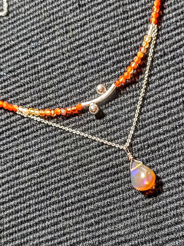 Colier argint opal de foc etiopian carneol ombre degrade tub decorativ lant argint minimalist boho chic trendy - Transport gratuit
