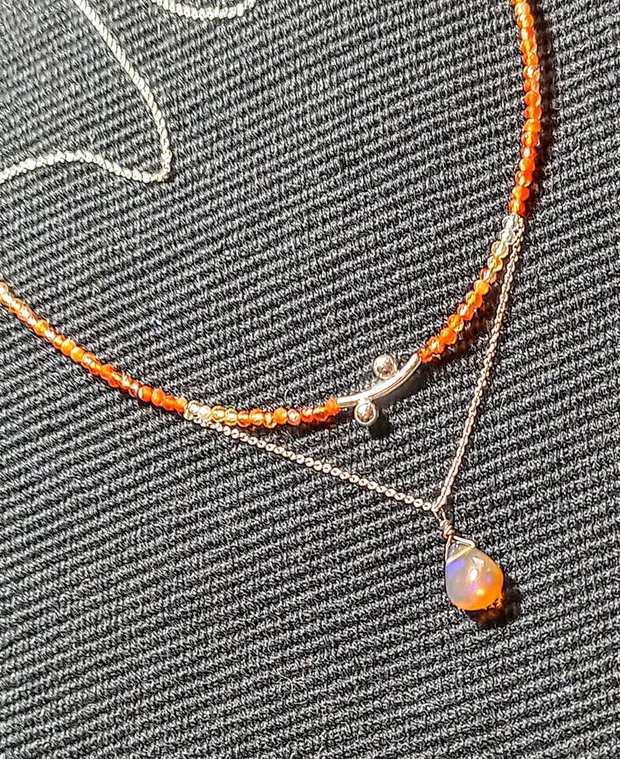 Colier argint opal de foc etiopian carneol ombre degrade tub decorativ lant argint minimalist boho chic trendy - Transport gratuit