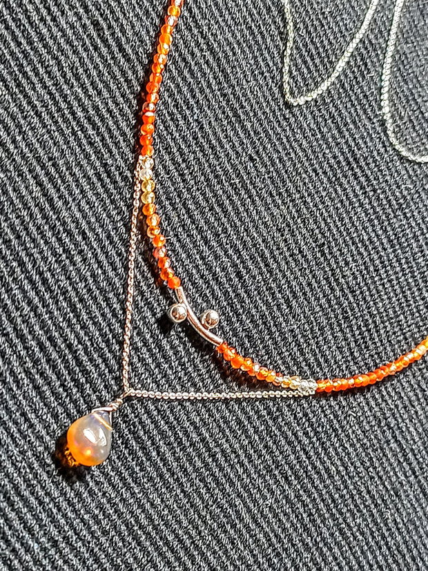 Colier argint opal de foc etiopian carneol ombre degrade tub decorativ lant argint minimalist boho chic trendy - Transport gratuit