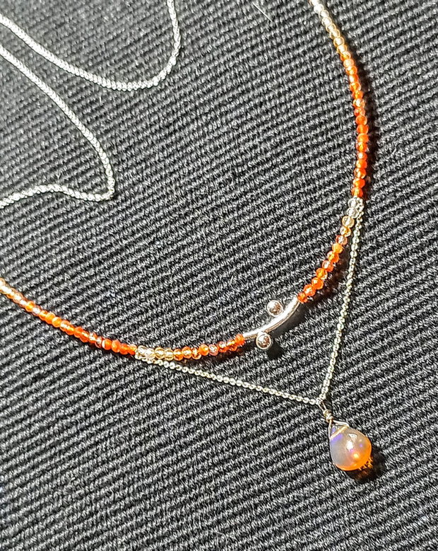Colier argint opal de foc etiopian carneol ombre degrade tub decorativ lant argint minimalist boho chic trendy - Transport gratuit
