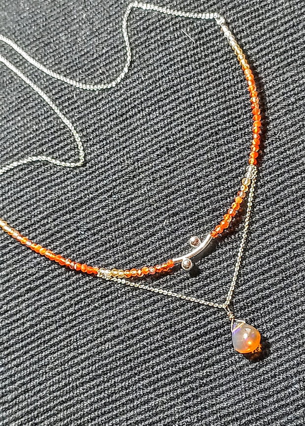 Colier argint opal de foc etiopian carneol ombre degrade tub decorativ lant argint minimalist boho chic trendy - Transport gratuit