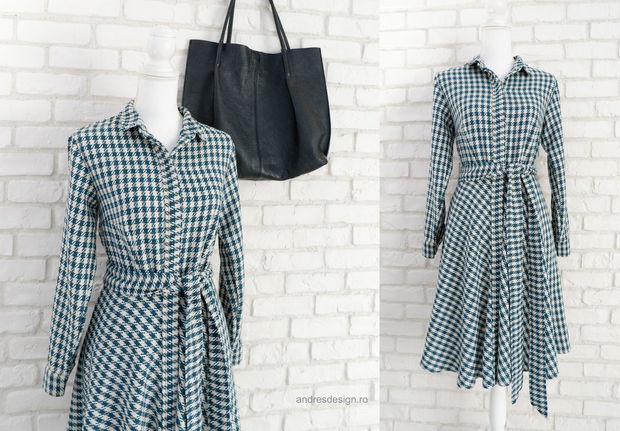 Rochie Camasa Stofa Picior de Cocos Turcoaz cu Crem