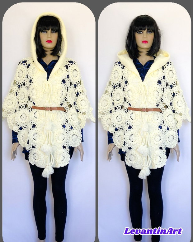 Pelerină croșetată manual ivoire cu glugă poncho elegant boho, piesă unicat pentru evenimente și ținute speciale