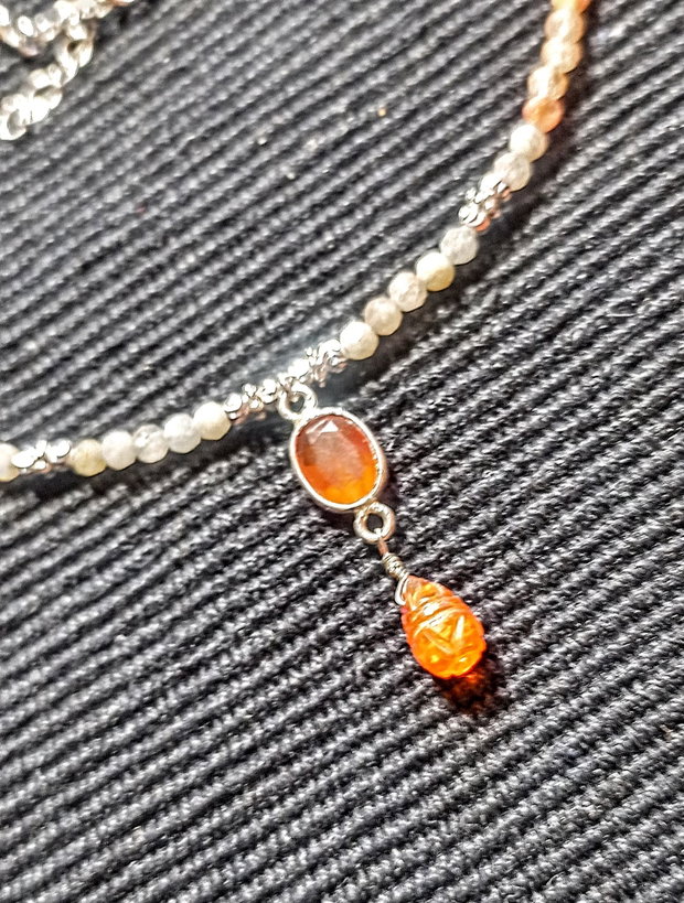 Colier argint opal de foc etiopian carneol feldspat ombre gradient picatura gravata conector minimalist boho chic trendy