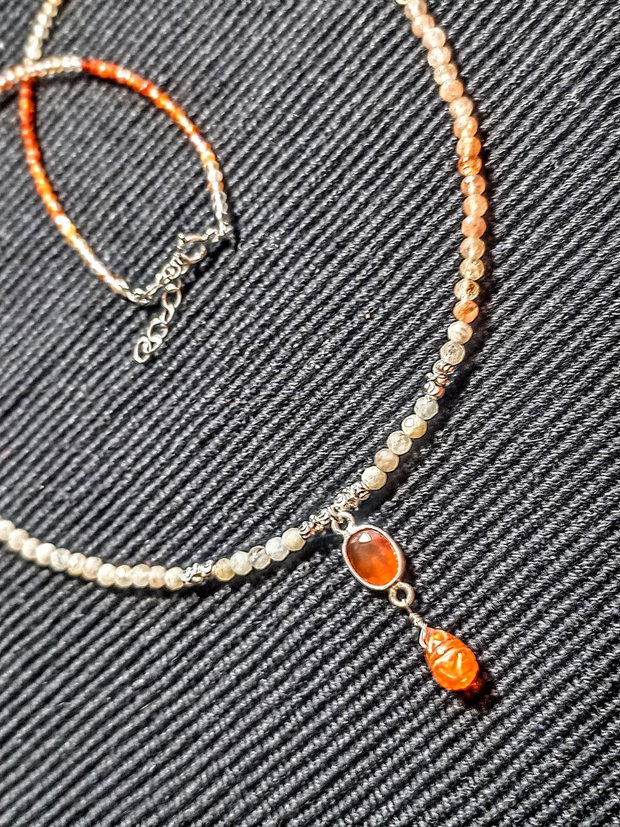 Colier argint opal de foc etiopian carneol feldspat ombre gradient picatura gravata conector minimalist boho chic trendy