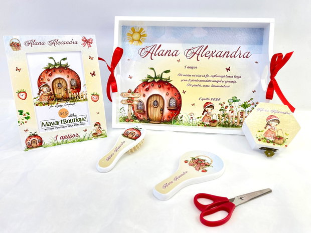 Set aniversar personalizat 1 anisor - Capsunica - Tavita turta si accesorii