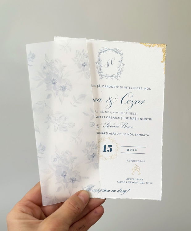 Invitatie nunta albastru si auriu