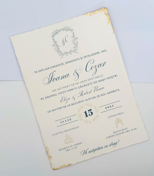 Invitatie nunta albastru si auriu