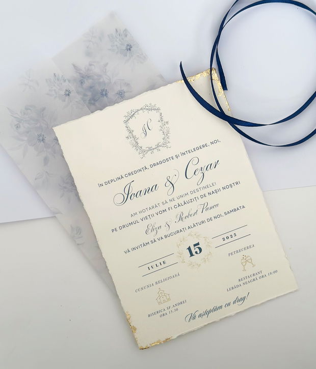 Invitatie nunta albastru si auriu