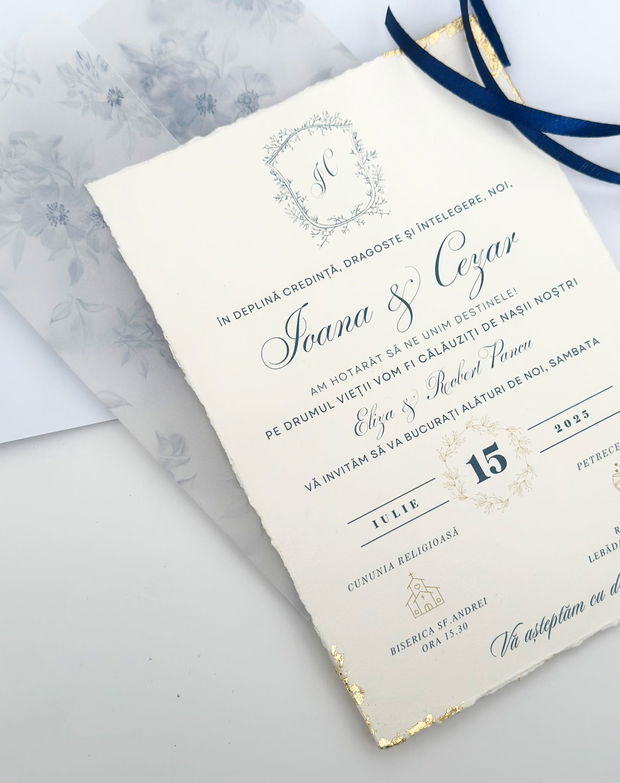 Invitatie nunta albastru si auriu