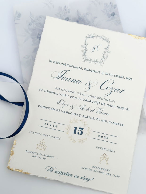 Invitatie nunta albastru si auriu