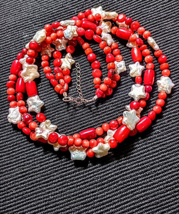 Colier argint X3 perle naturale de cultura stele baroc coral boho chic tremndy cadou - Transport gratuit